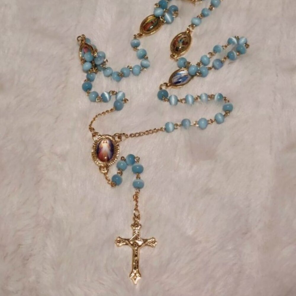 Catholic Blue Moonstone Beads Necklace with Gold Crucifix Rosary - Beautiful
